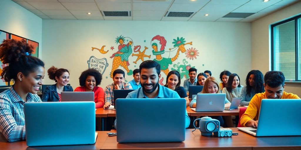 Diverse individuals engaging in online coaching activities together.